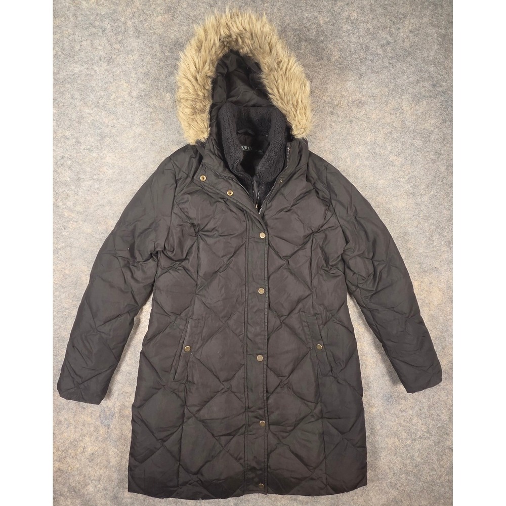 Lauren Ralph Lauren Black Quilted Down Puffer Parka Faux Fur Hood Coat Medium